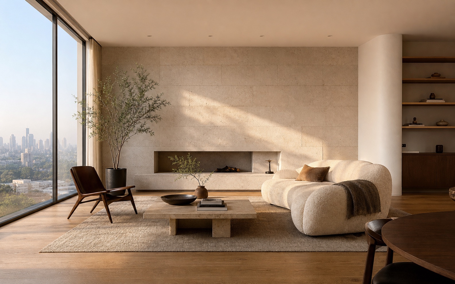 Warm contemporary living room with oak flooring and sculptural furniture